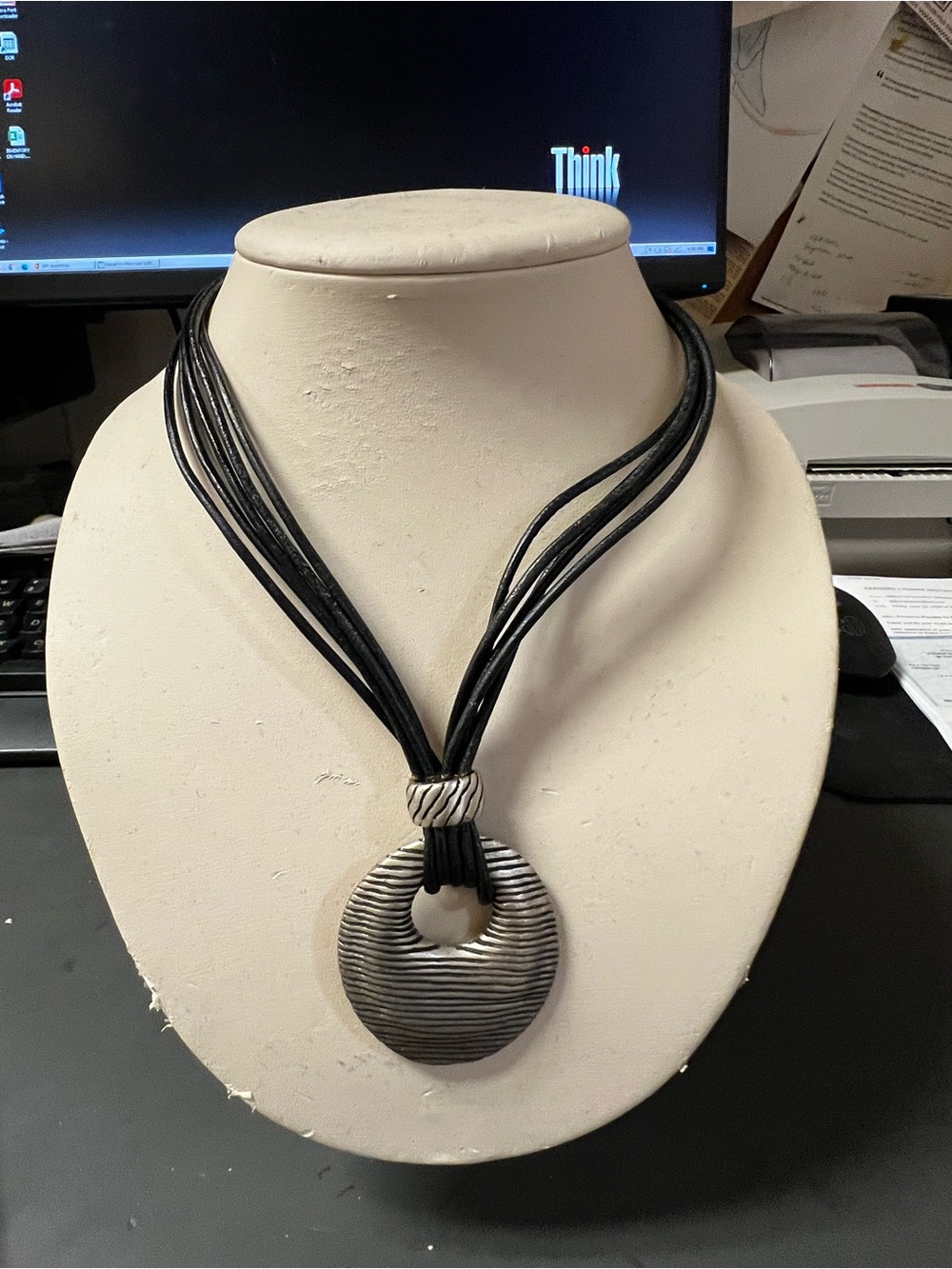 Black Cord Necklace with Textured Silver Pendant